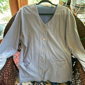 Cotton Baby Blue and White Stripe Sweater Jacket Button Front; 2 Front Pockets